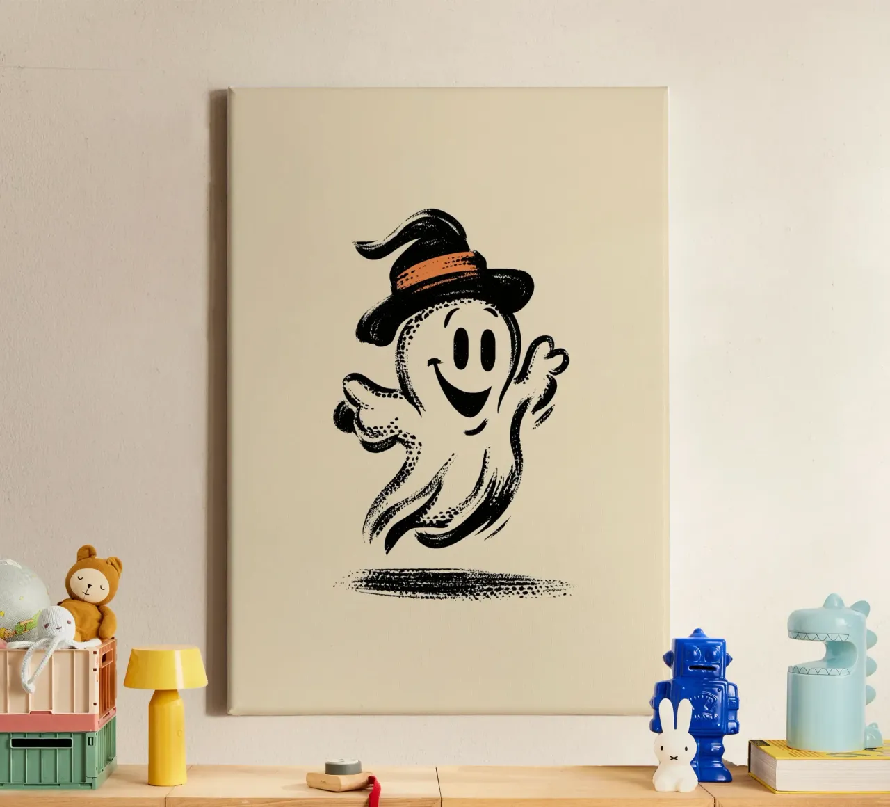 Glücklicher Geist Hexenhut Retro Halloween Poster Leinwand mit Schattenfugenrahmen von vintagepod