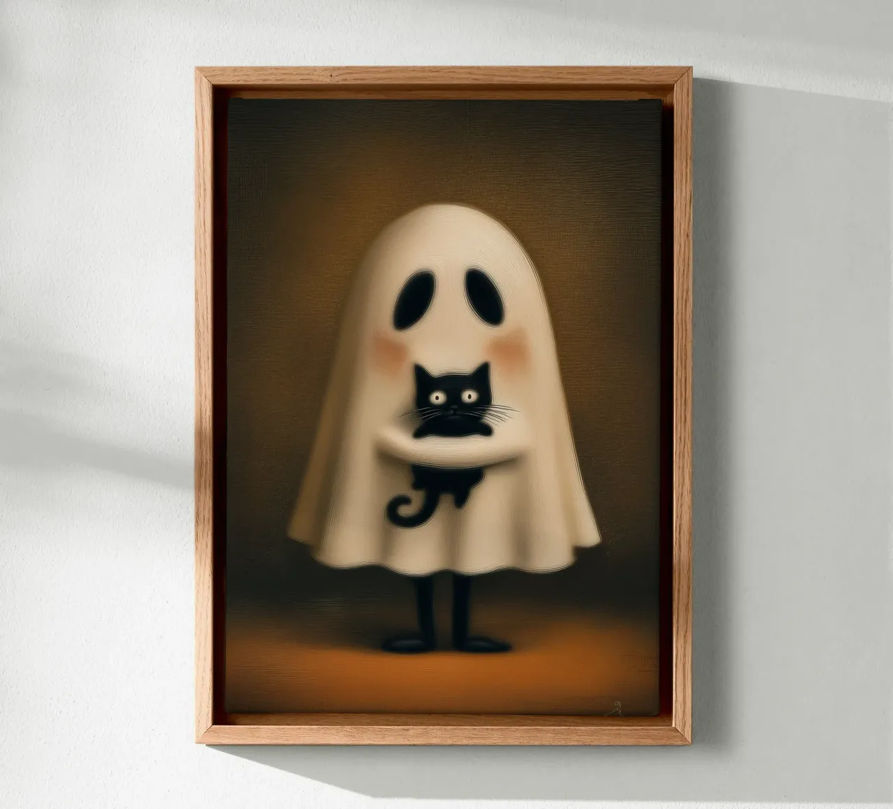 Cute Ghost Hugging Black Cat Halloween Art canvas with Floater frame by vintagepod