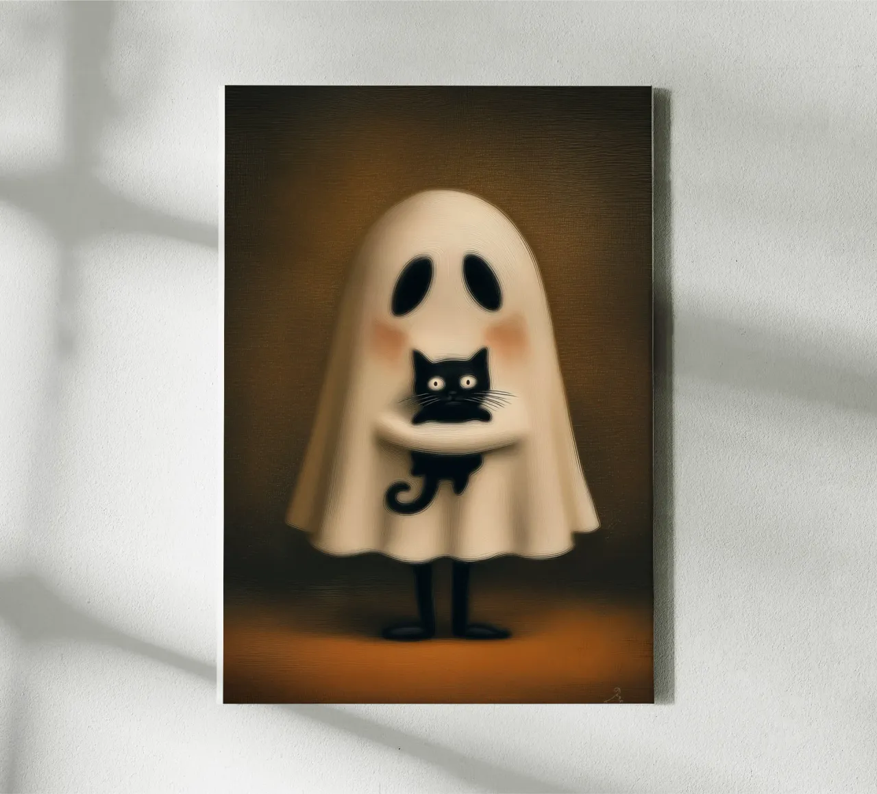 Cute Ghost Hugging Black Cat Halloween Art canvas with Floater frame by vintagepod
