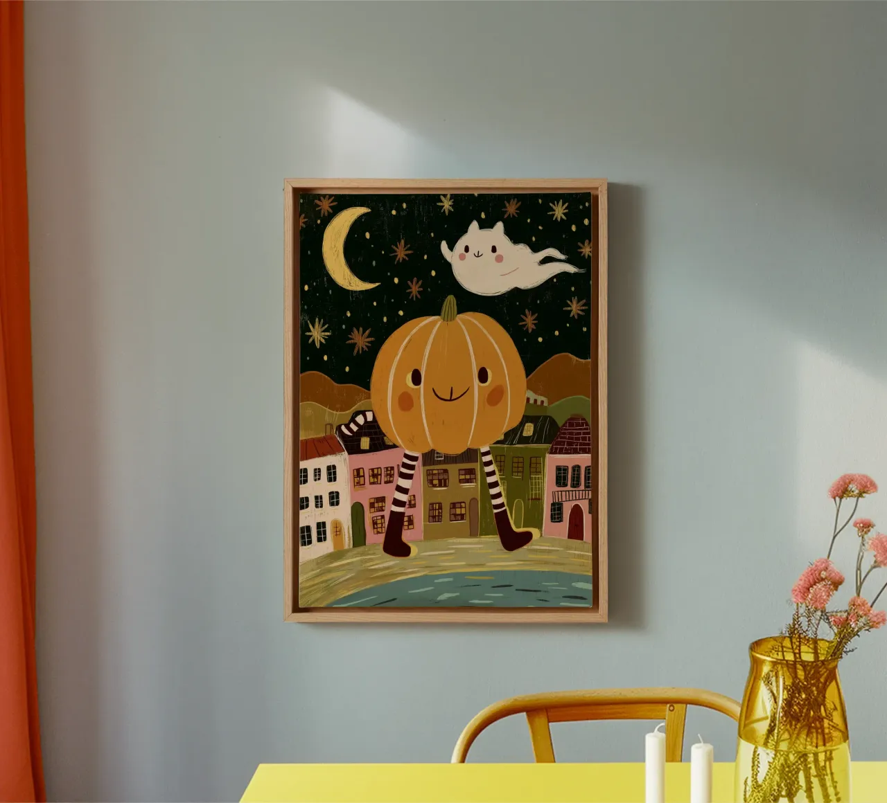 Carino il villaggio fantasma di Halloween con le zampe di zucca tela con Cornice a cassetta da vintagepod