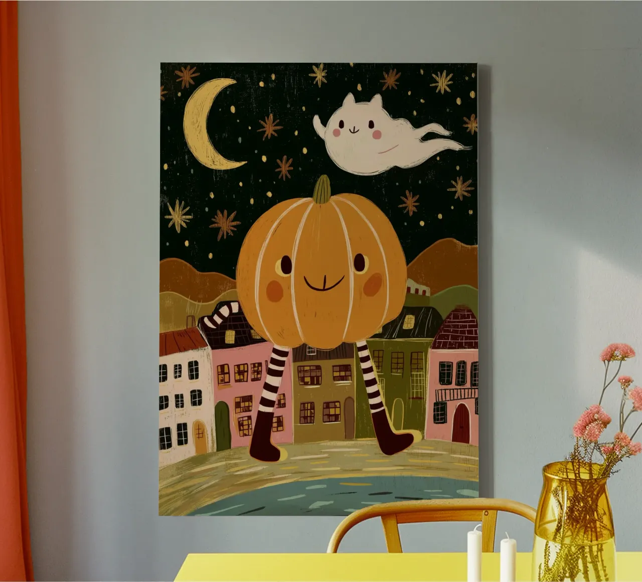 Carino il villaggio fantasma di Halloween con le zampe di zucca tela con Cornice a cassetta da vintagepod