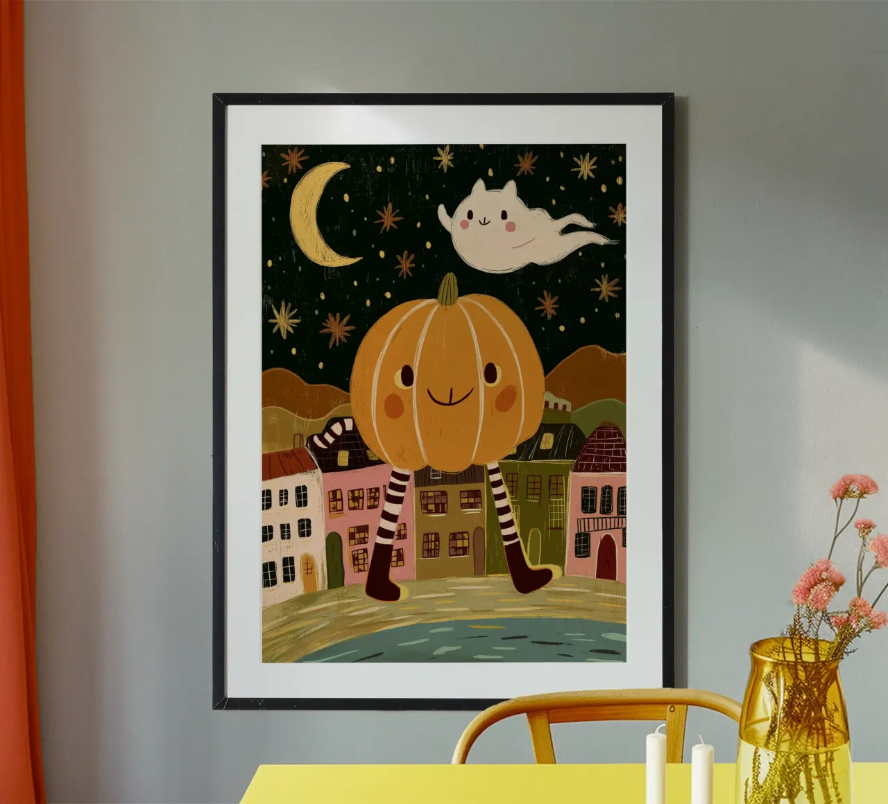 Carino il villaggio fantasma di Halloween con le zampe di zucca poster da vintagepod