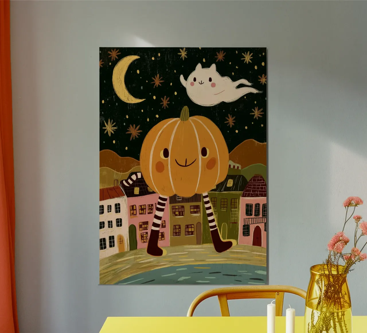 Carino il villaggio fantasma di Halloween con le zampe di zucca poster da vintagepod