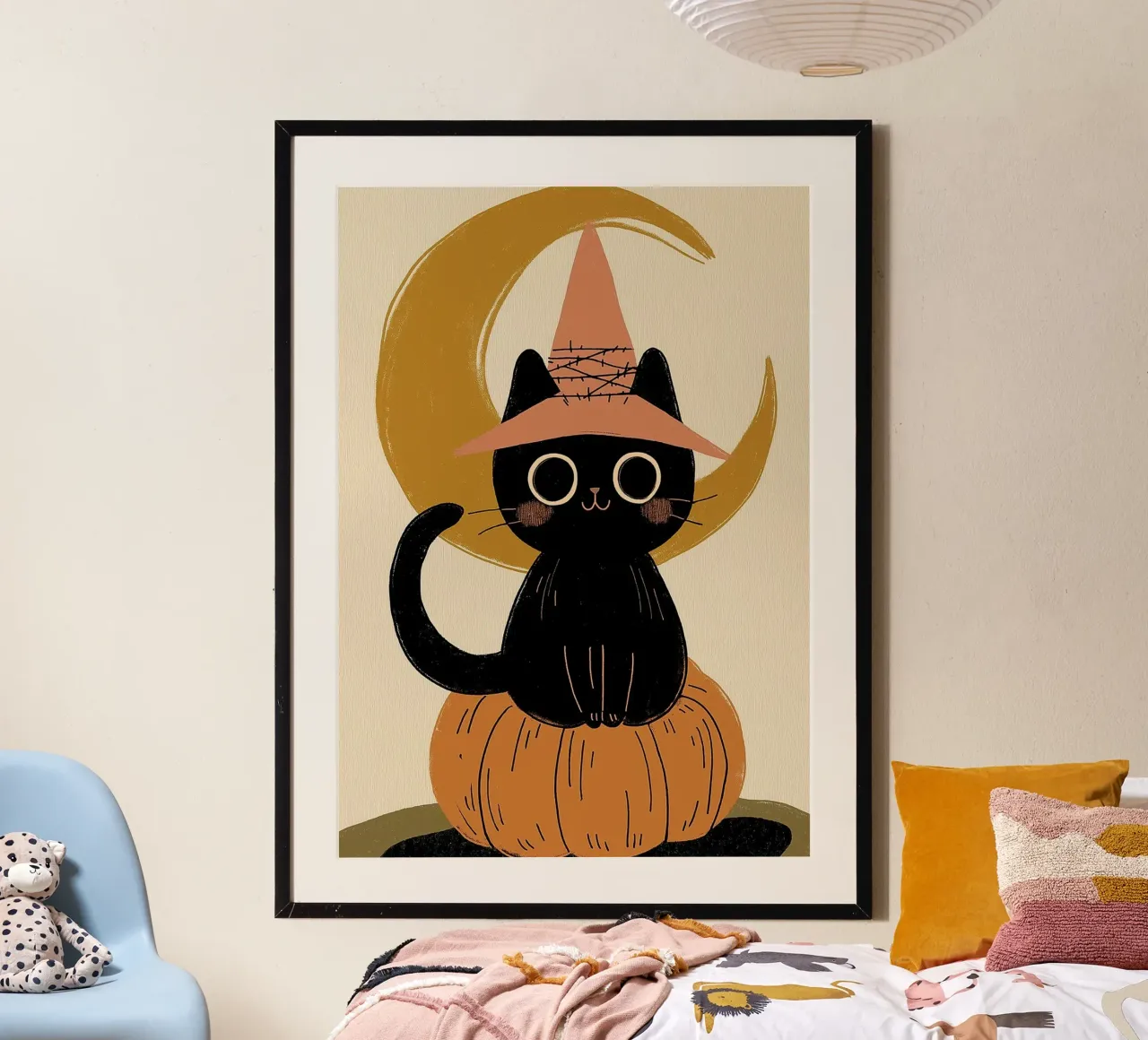 Gatto nero carino con cappello da strega Poster di Halloween poster con telaio in plastica da vintagepod
