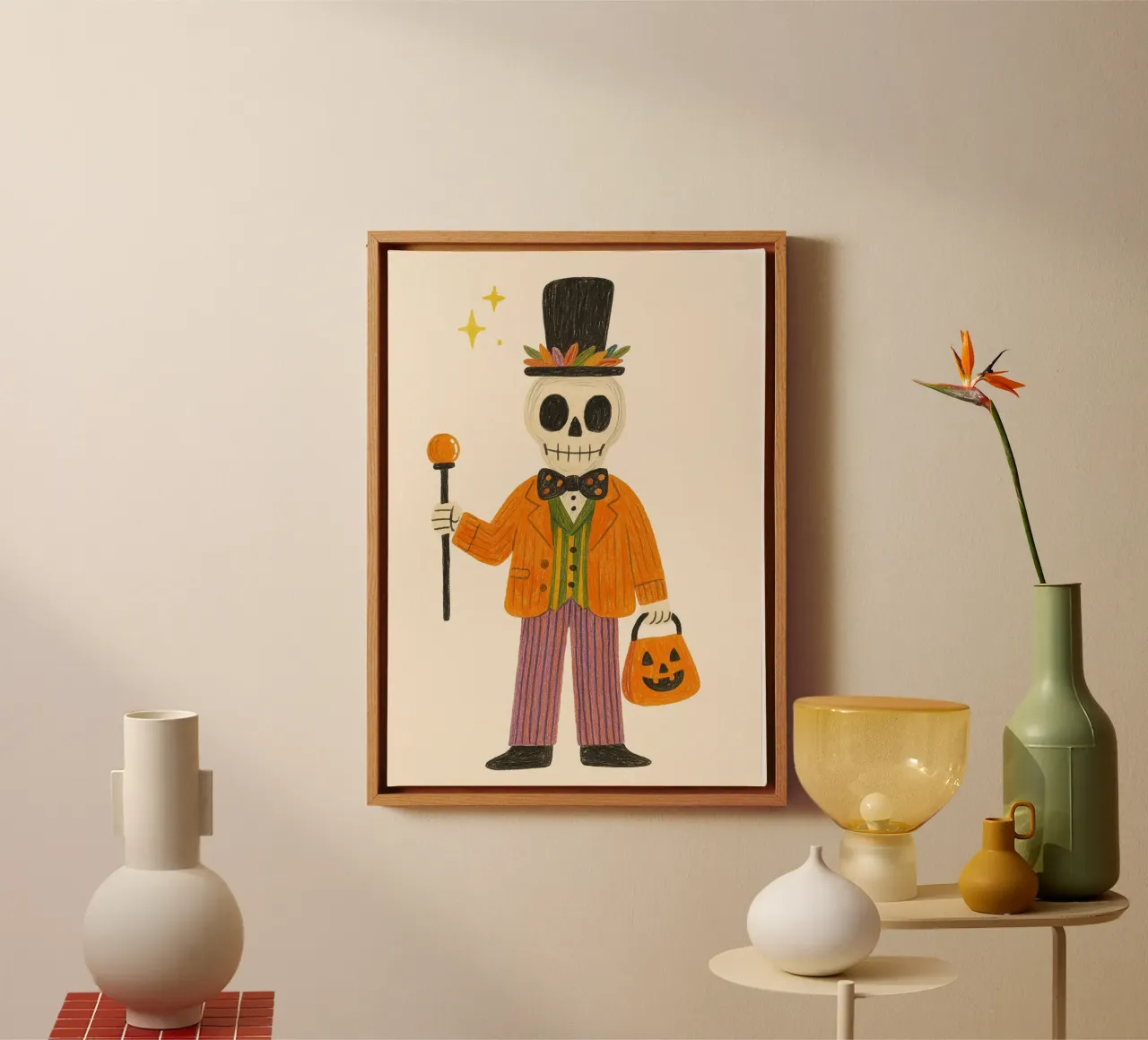 Scheletro Dapper Gentleman Halloween Dolcetto o scherzetto tela con Cornice a cassetta da vintagepod