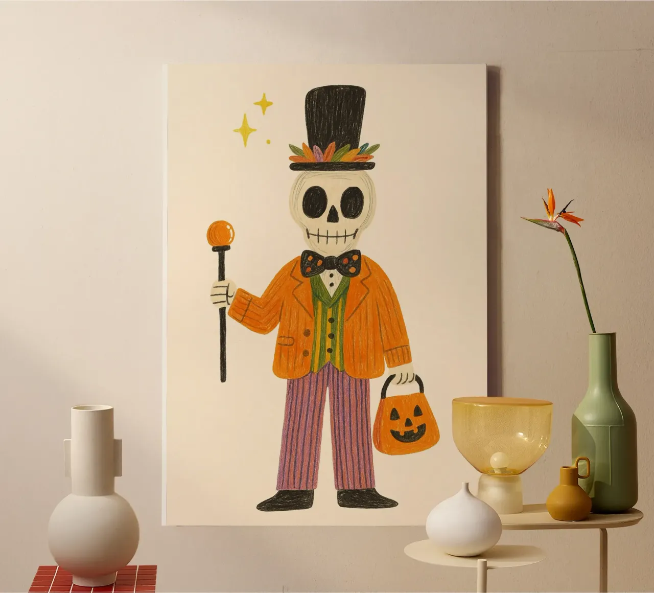 Scheletro Dapper Gentleman Halloween Dolcetto o scherzetto tela con Cornice a cassetta da vintagepod