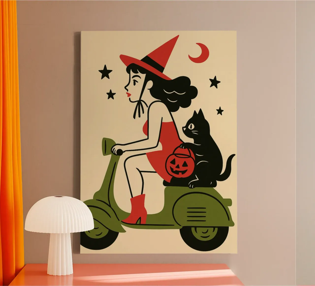 Heksje Vrouw Scooter Zwarte Kat Retro Halloween canvas met Baklijst van vintagepod
