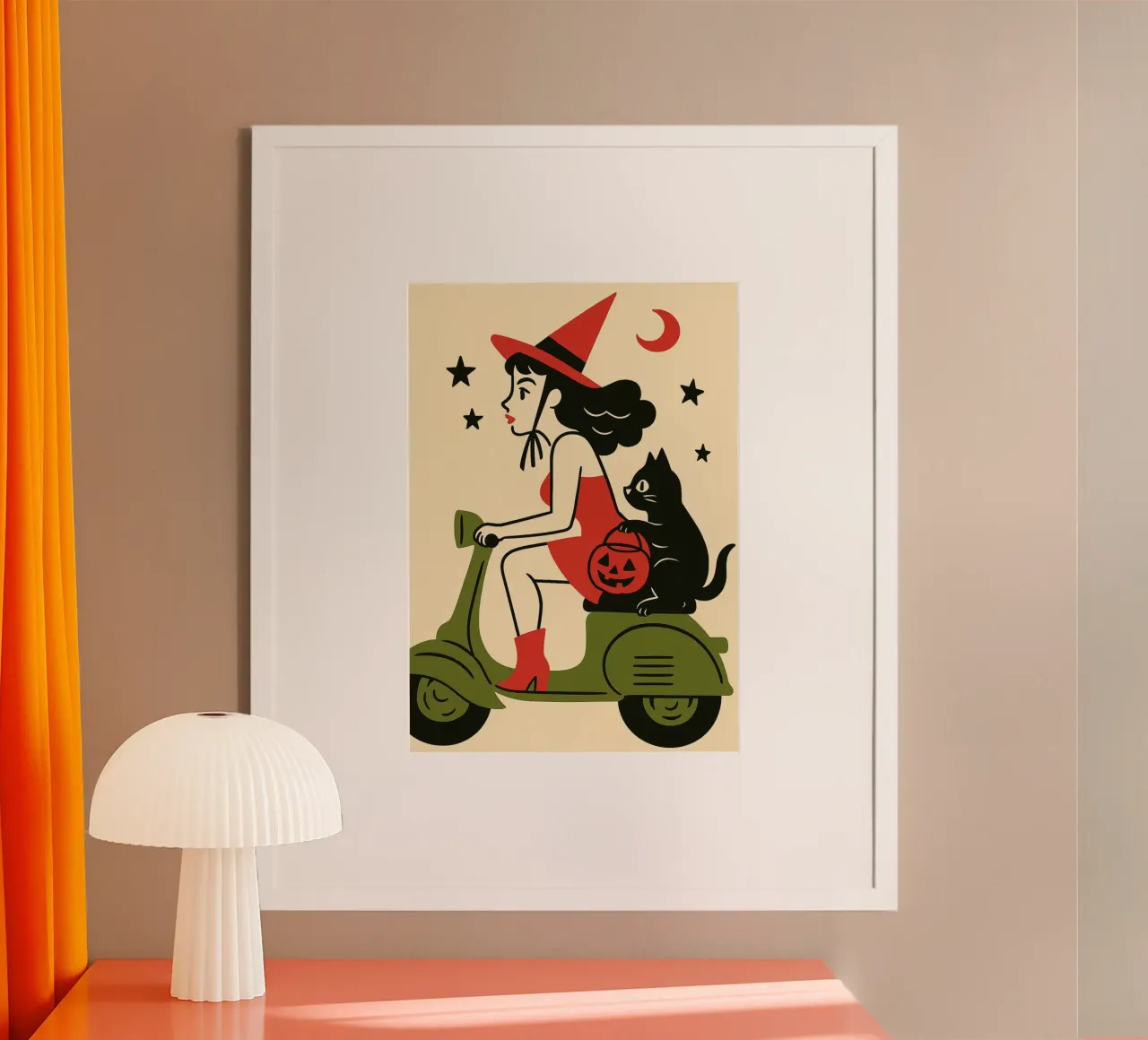 Strega Donna Scooter Gatto Nero Retro Halloween poster con telaio in legno da vintagepod