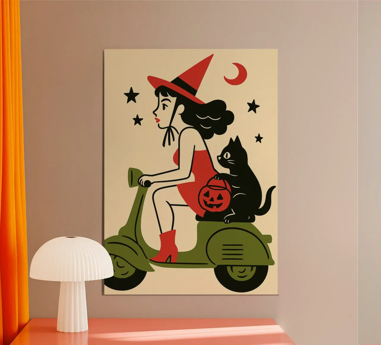 Strega Donna Scooter Gatto Nero Retro Halloween poster con telaio in legno da vintagepod