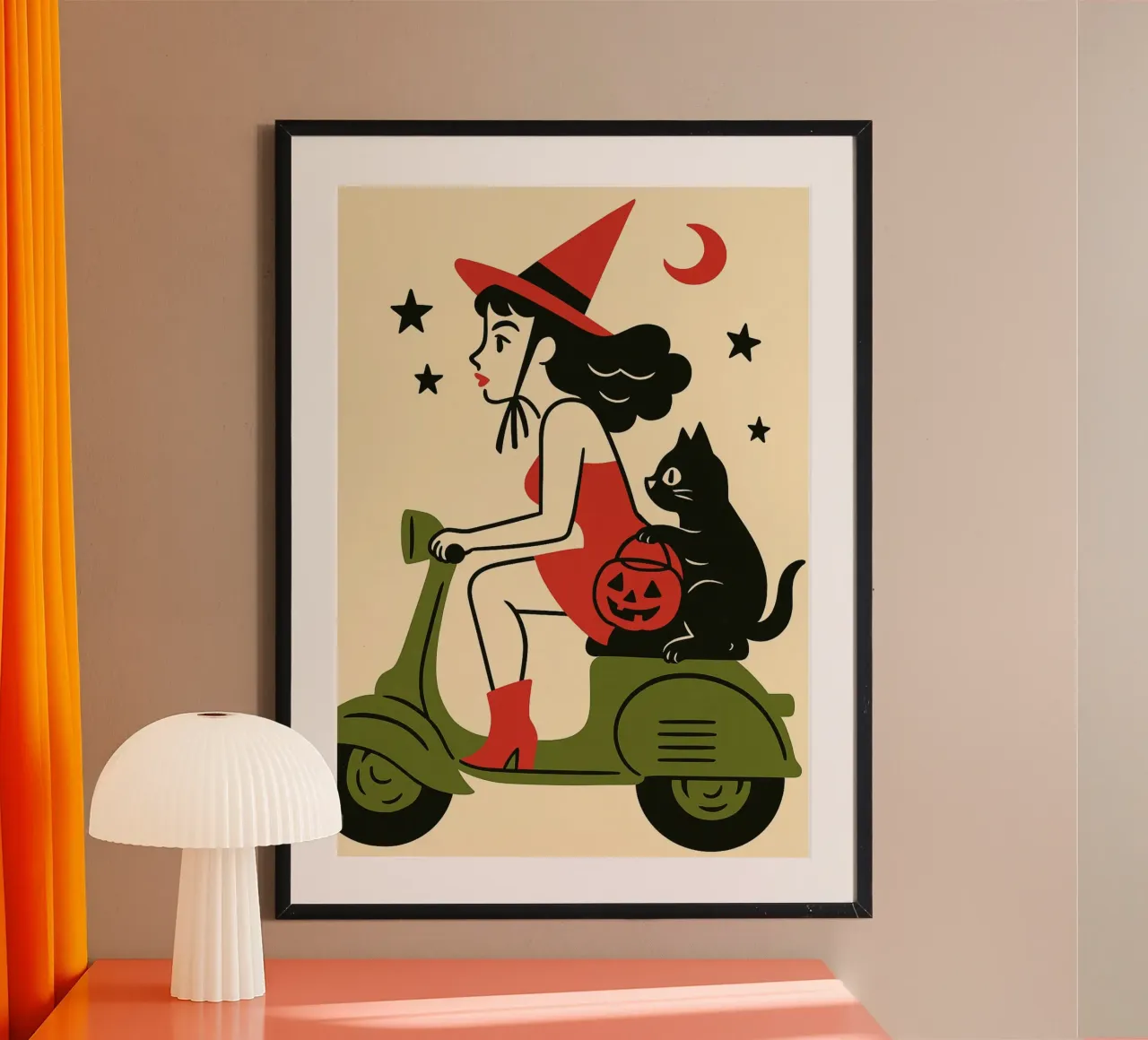 Strega Donna Scooter Gatto Nero Retro Halloween poster con telaio in legno da vintagepod