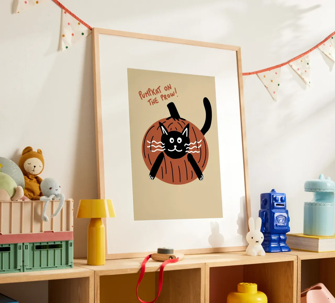 Zucca a caccia, gatto carino di Halloween poster con telaio in alluminio da vintagepod