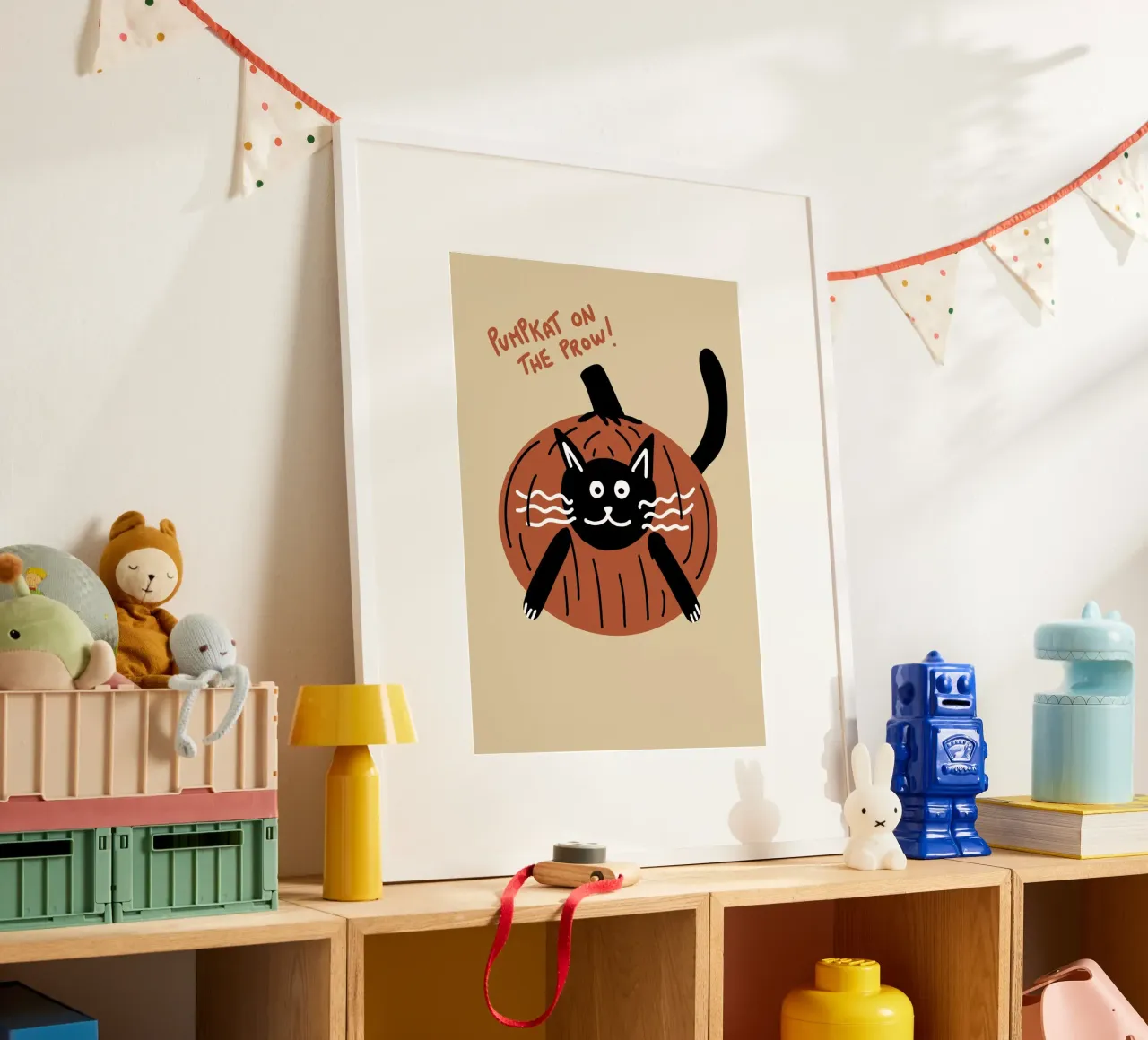 Zucca a caccia, gatto carino di Halloween poster con telaio in alluminio da vintagepod