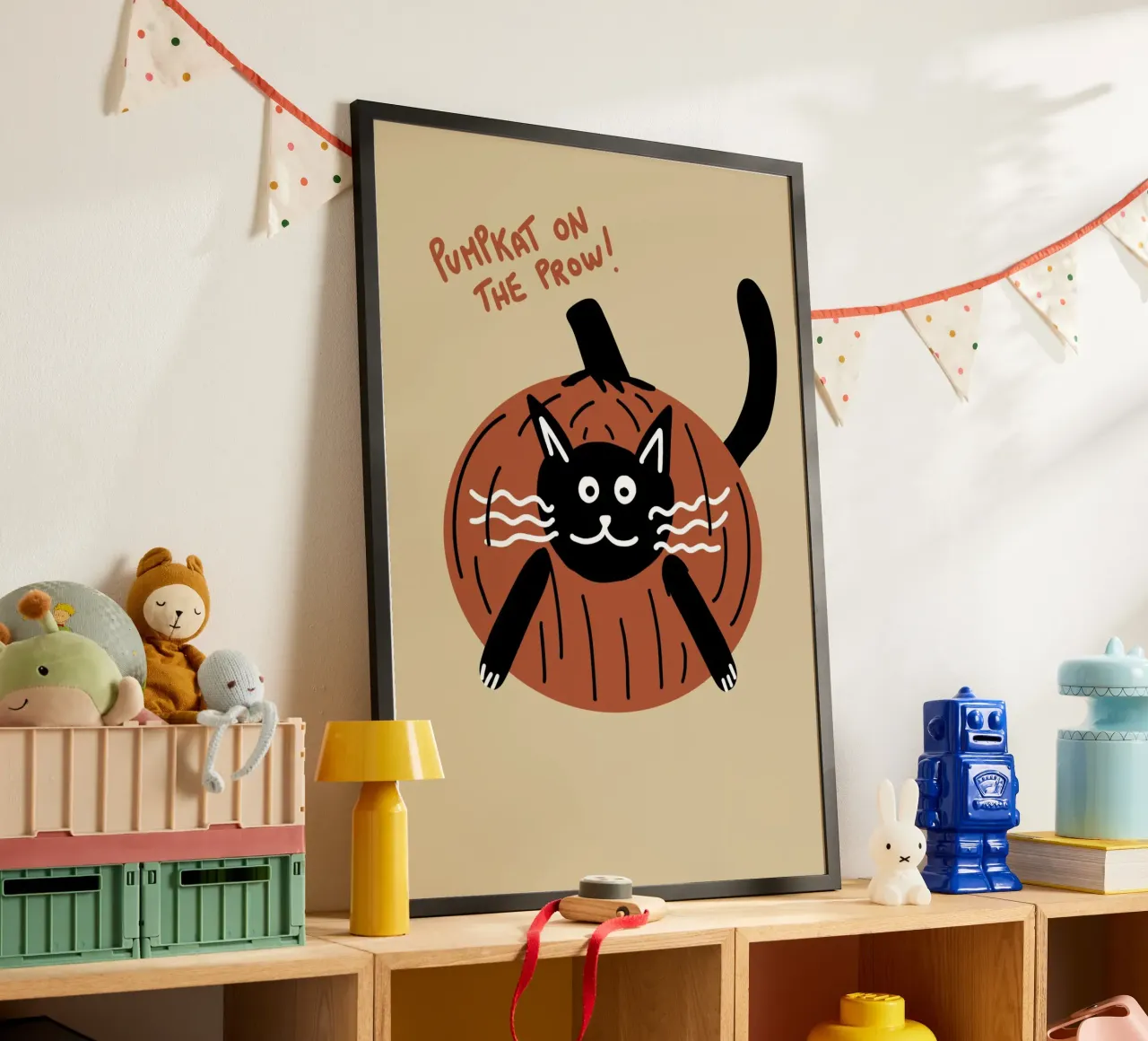 Zucca a caccia, gatto carino di Halloween poster con telaio in alluminio da vintagepod