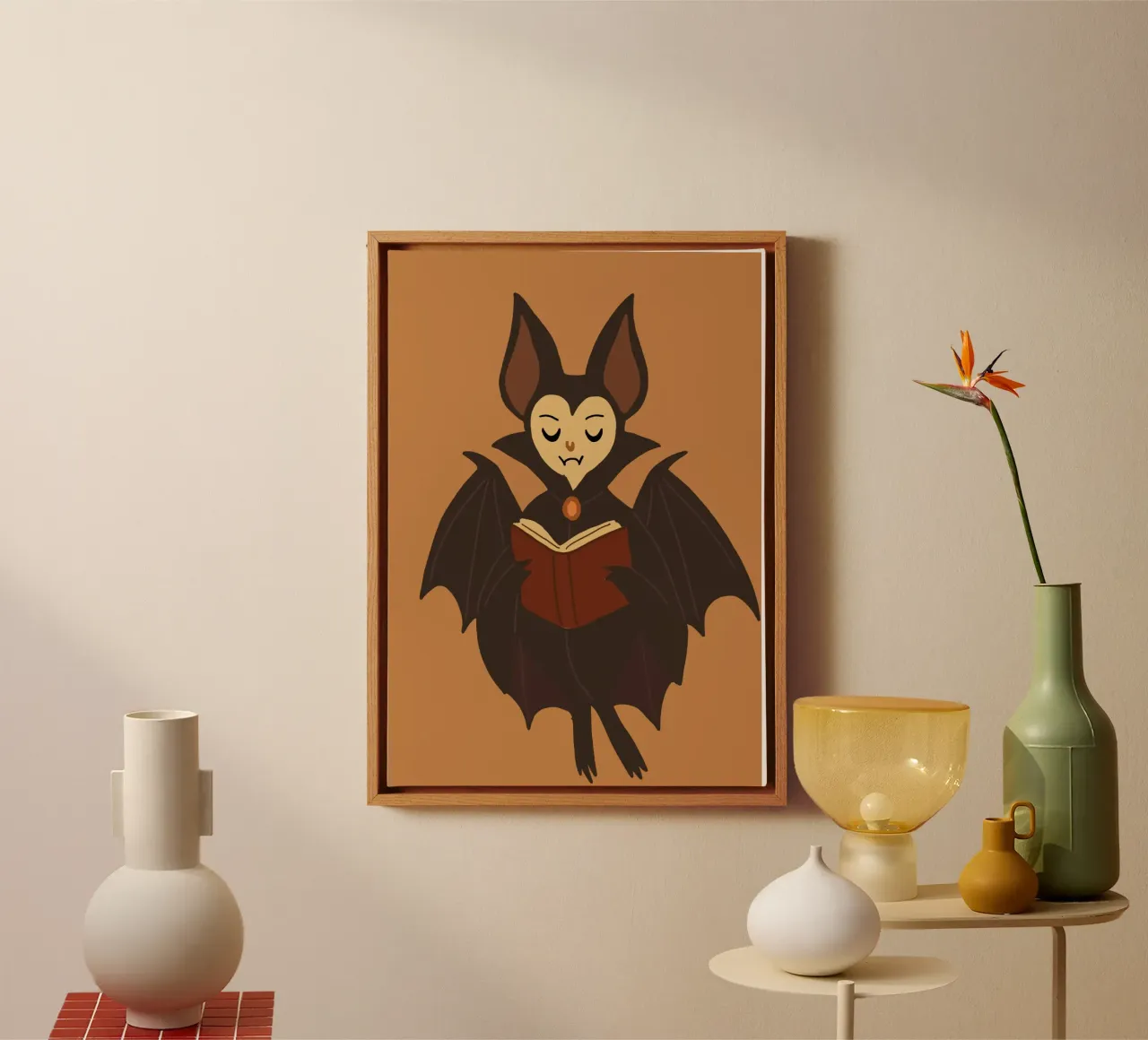 Cute Bat Reading Spooky Book Halloween canvas with Floater frame by vintagepod
