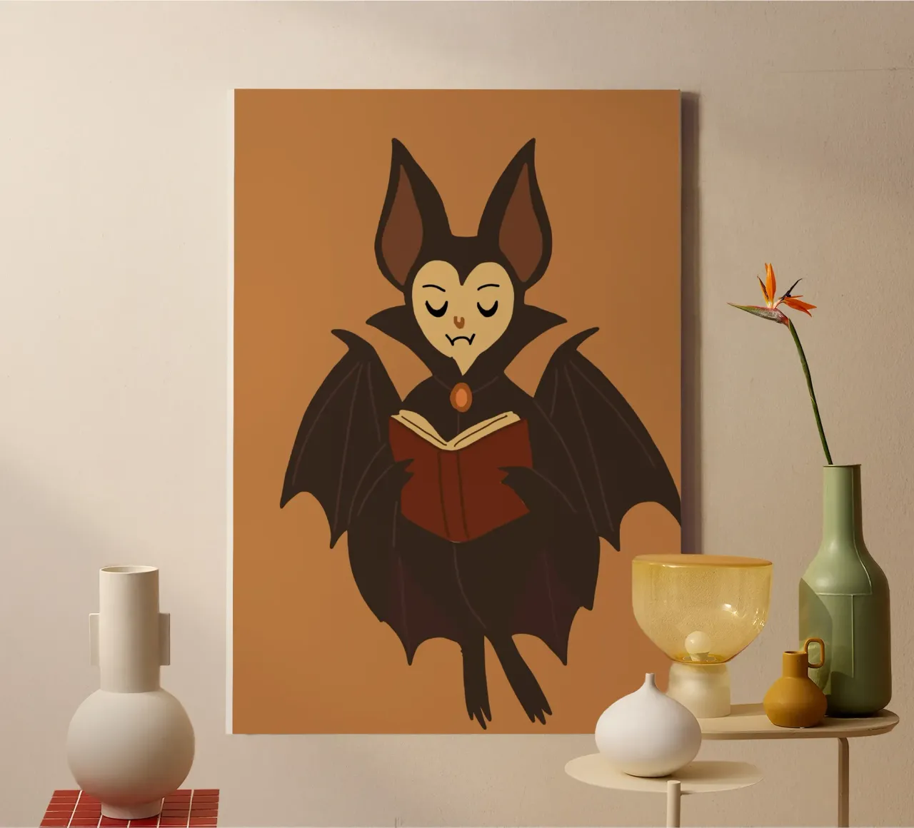 Cute Bat Reading Spooky Book Halloween canvas with Floater frame by vintagepod
