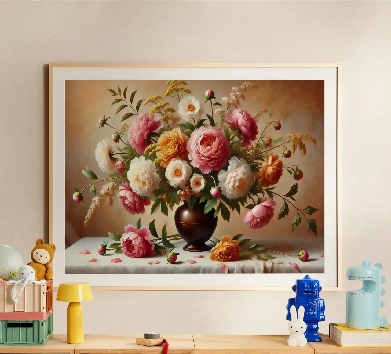 Bouquet di peonie vittoriane poster con telaio in plastica da VintageBotanics
