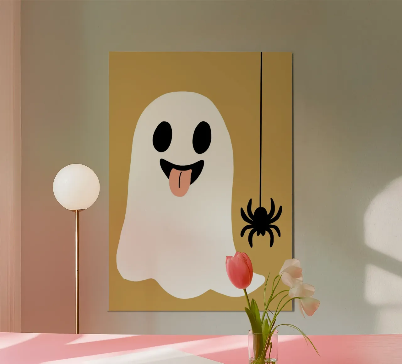 Stampa d'arte di un fantasma e di un ragno di Halloween - Decorazione divertente e spettrale poster con telaio in legno da vintagepod