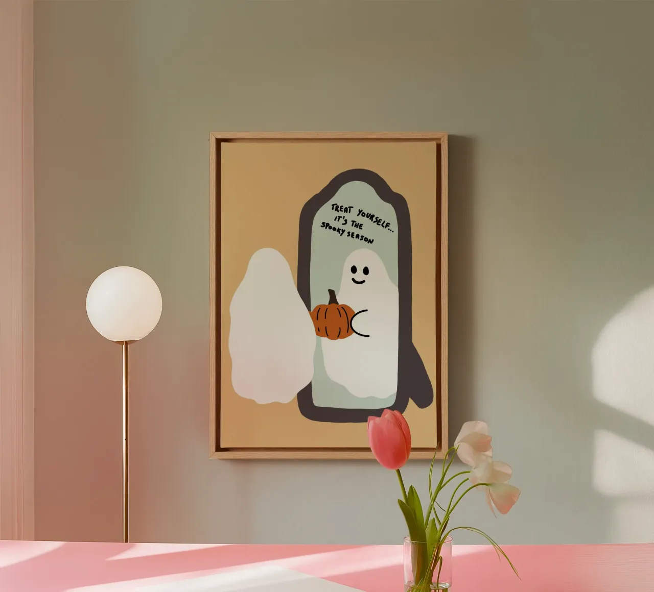 "Gönnen Sie sich" Geist & Kürbis Poster - Halloween Dekoration Leinwand mit Schattenfugenrahmen von vintagepod