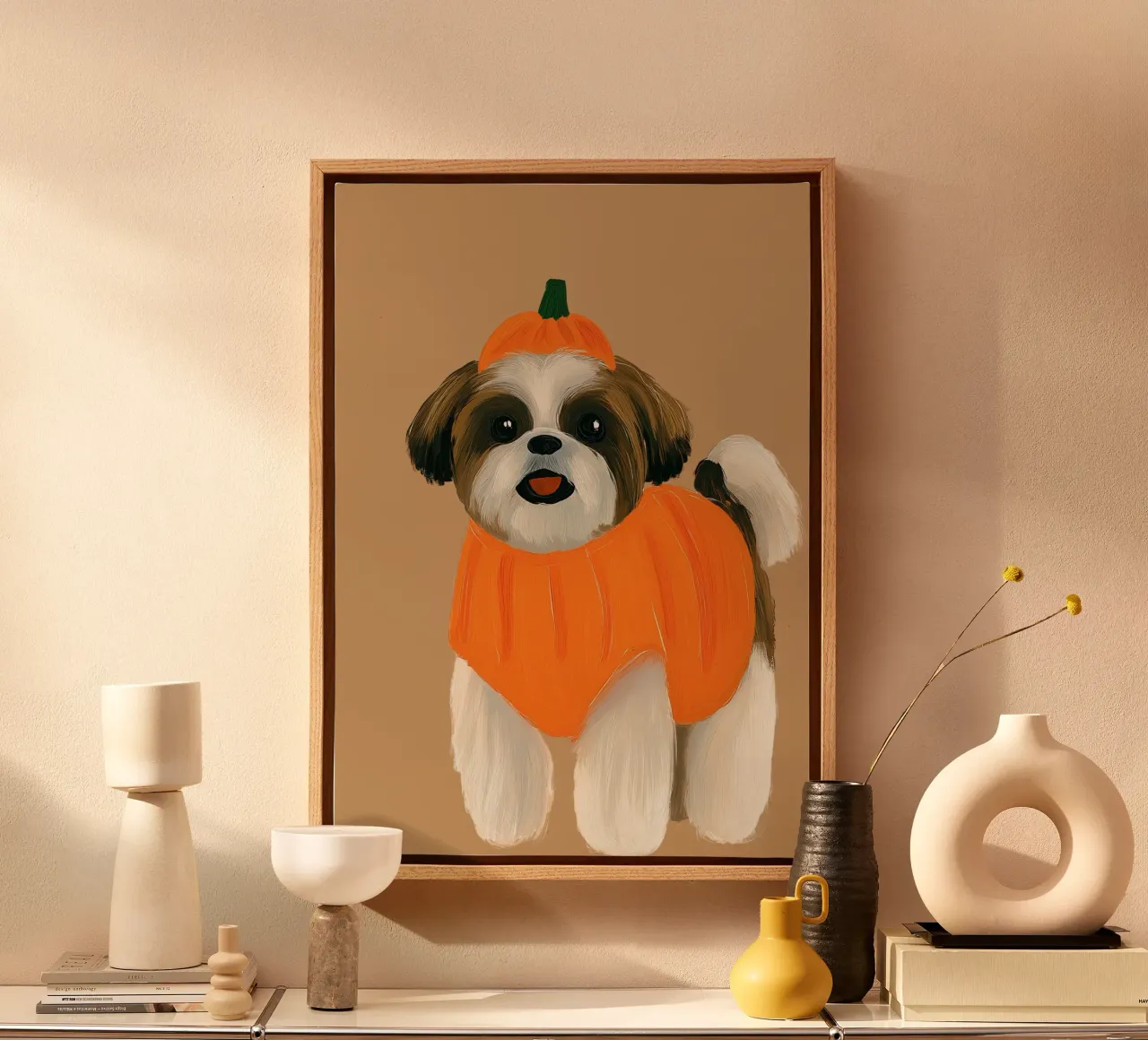 Niedlicher Shih Tzu Kürbis Kostüm Kunstdruck Leinwand mit Schattenfugenrahmen von vintagepod