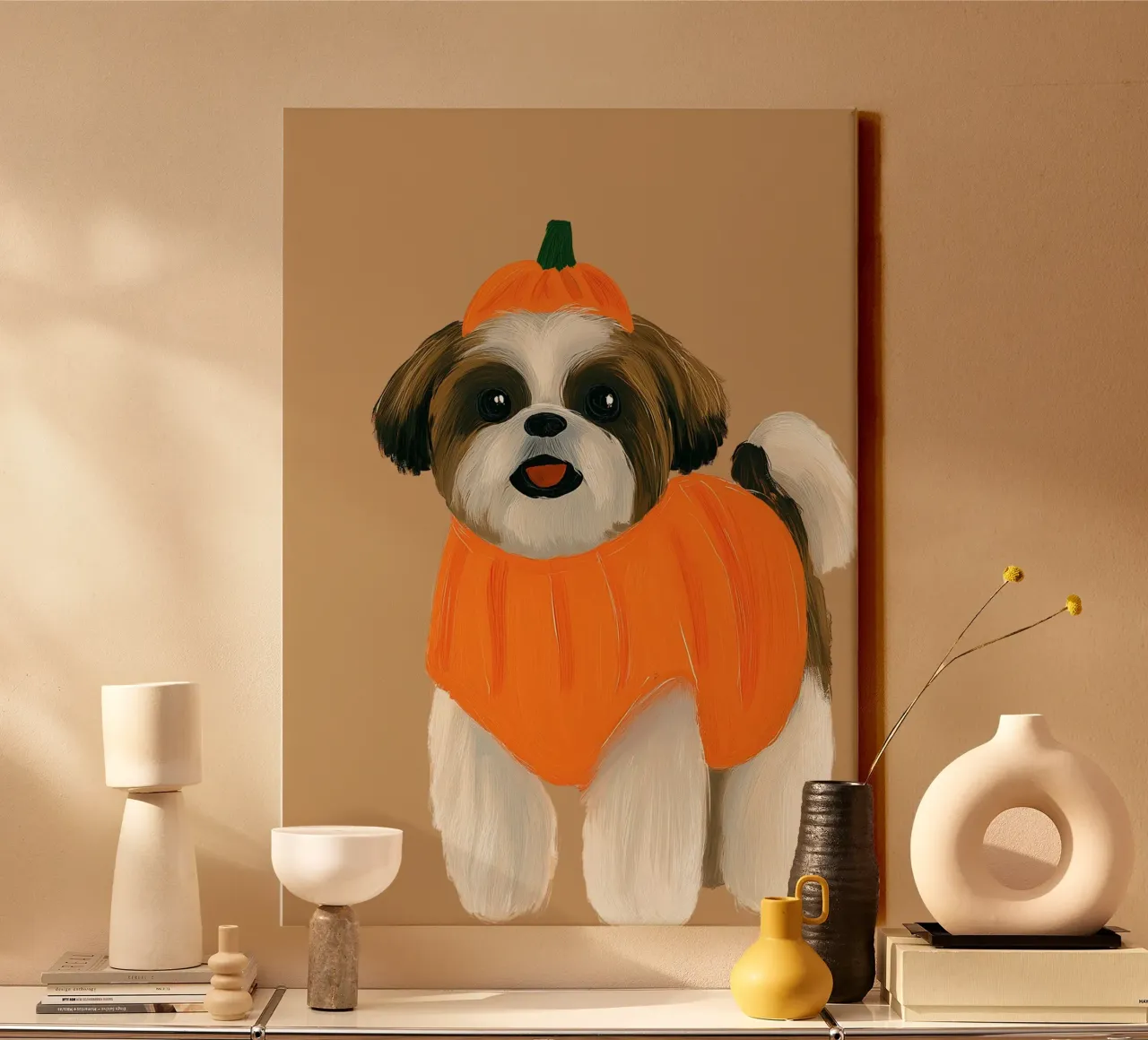 Niedlicher Shih Tzu Kürbis Kostüm Kunstdruck Leinwand mit Schattenfugenrahmen von vintagepod