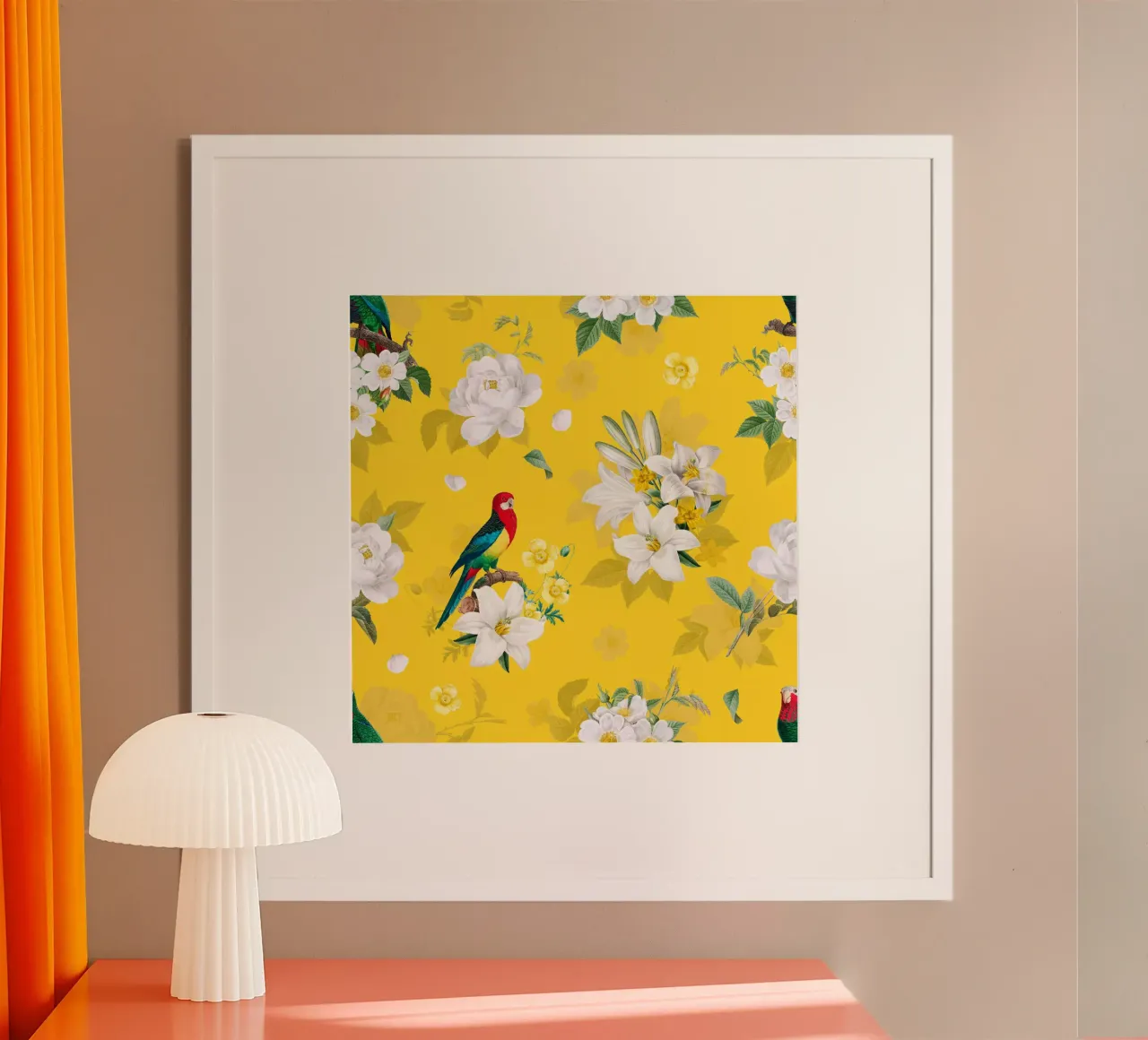 Giardino dei pappagalli giallo poster con telaio in legno da FabiWes