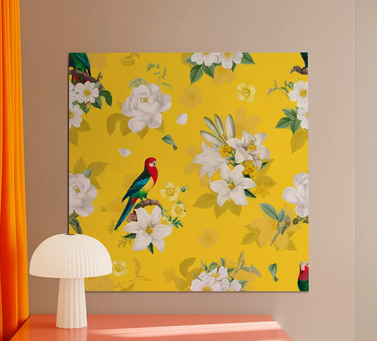 Giardino dei pappagalli giallo poster con telaio in legno da FabiWes
