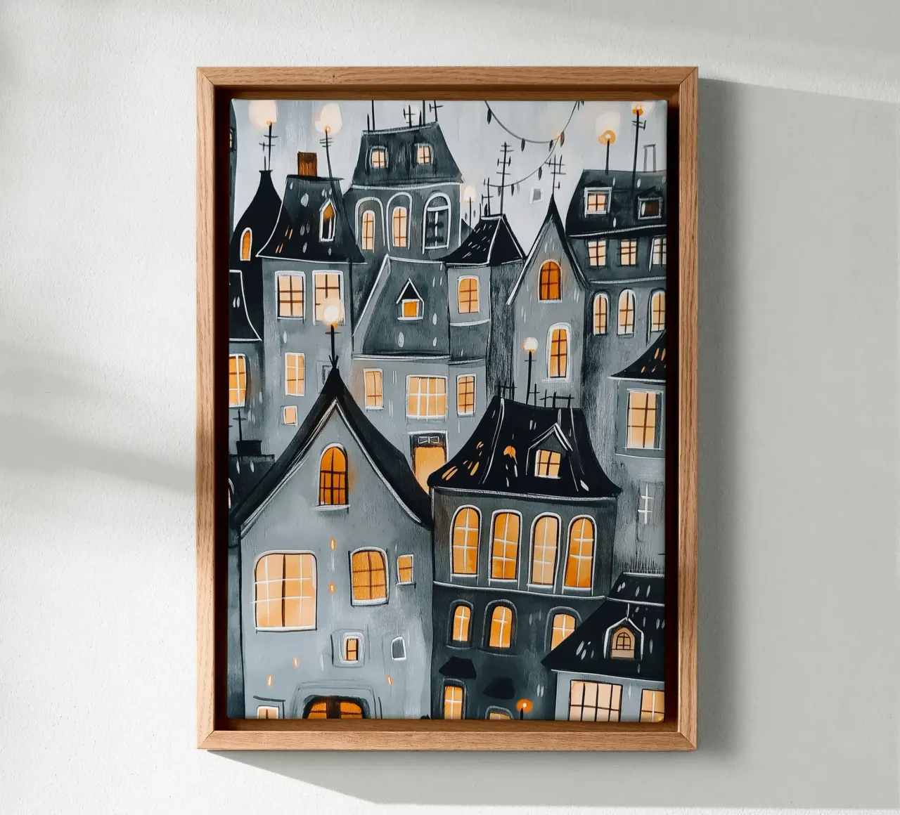 Whimsical Stad bij Nacht Art Print - Gezellige Europese Stad canvas met Baklijst van vintagepod