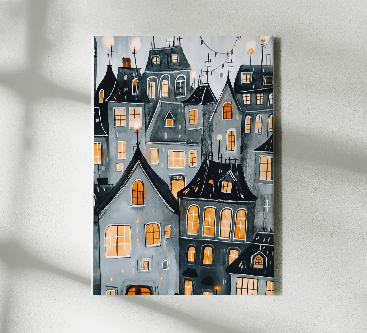 Whimsical Stad bij Nacht Art Print - Gezellige Europese Stad canvas met Baklijst van vintagepod