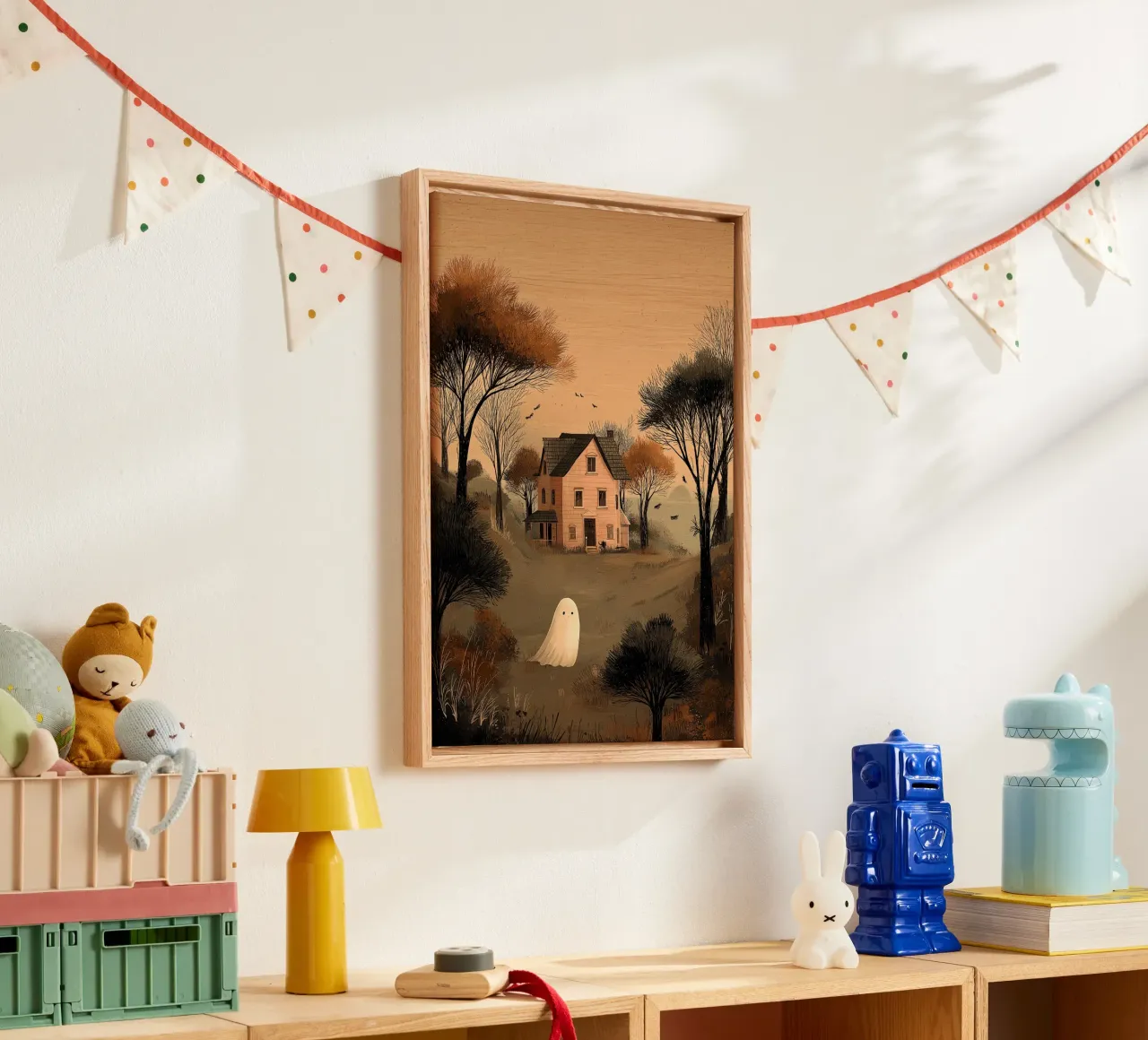 Niedlicher Geist in der Nähe von Haunted House Kunstdruck Leinwand mit Schattenfugenrahmen von vintagepod