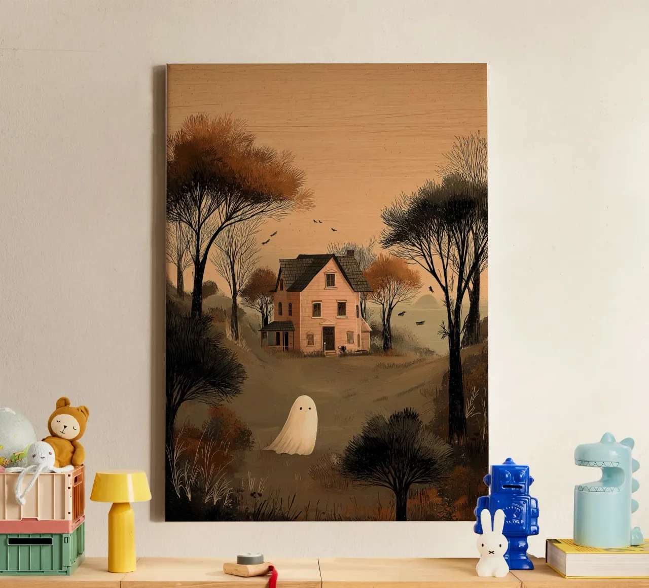 Niedlicher Geist in der Nähe von Haunted House Kunstdruck Leinwand mit Schattenfugenrahmen von vintagepod