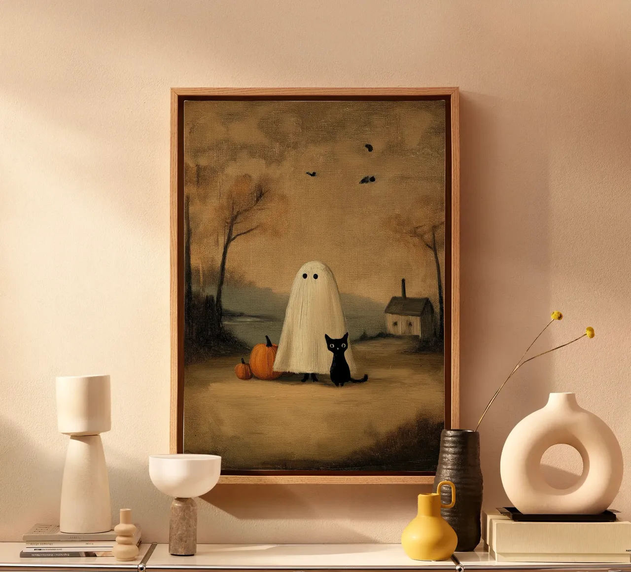 Un simpatico fantasma e un gatto nero - Arte di Halloween vintage tela con Cornice a cassetta da vintagepod
