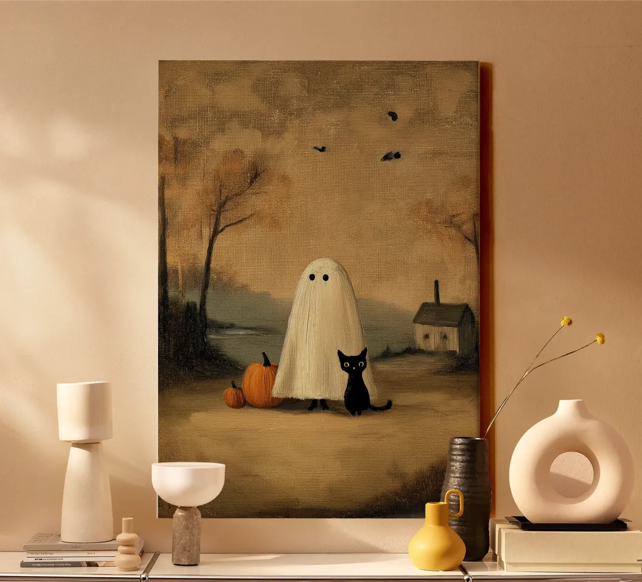 Un simpatico fantasma e un gatto nero - Arte di Halloween vintage tela con Cornice a cassetta da vintagepod