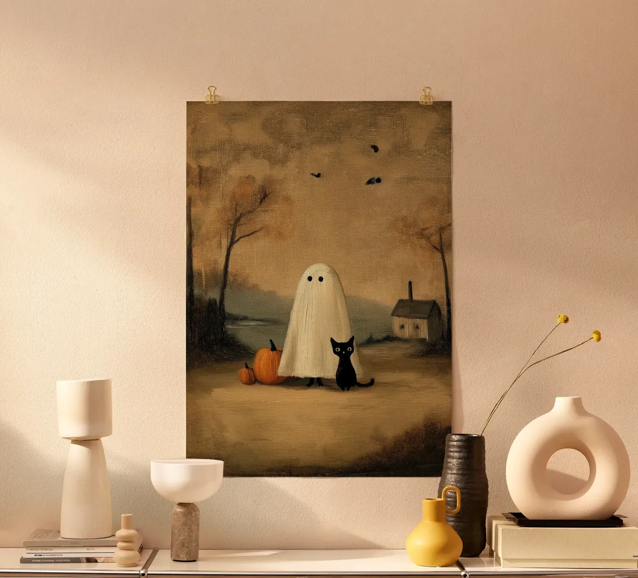Un simpatico fantasma e un gatto nero - Arte di Halloween vintage poster da vintagepod