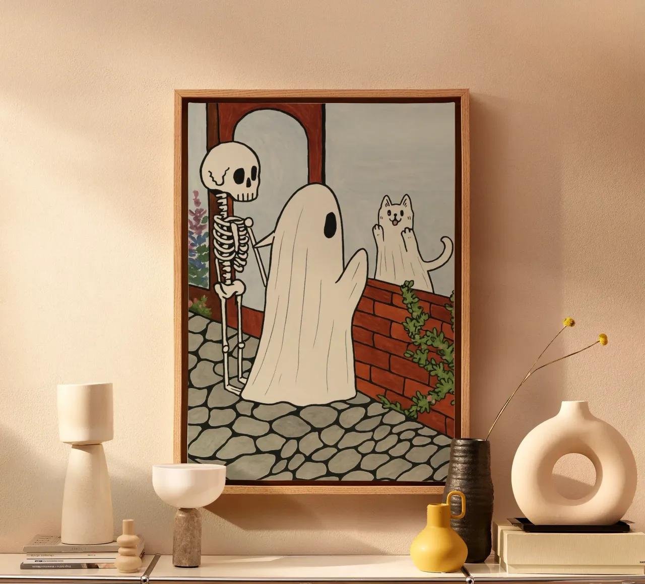 Cute Ghost, Skeleton & Cat - Spooky Art Print canvas with Floater frame by vintagepod