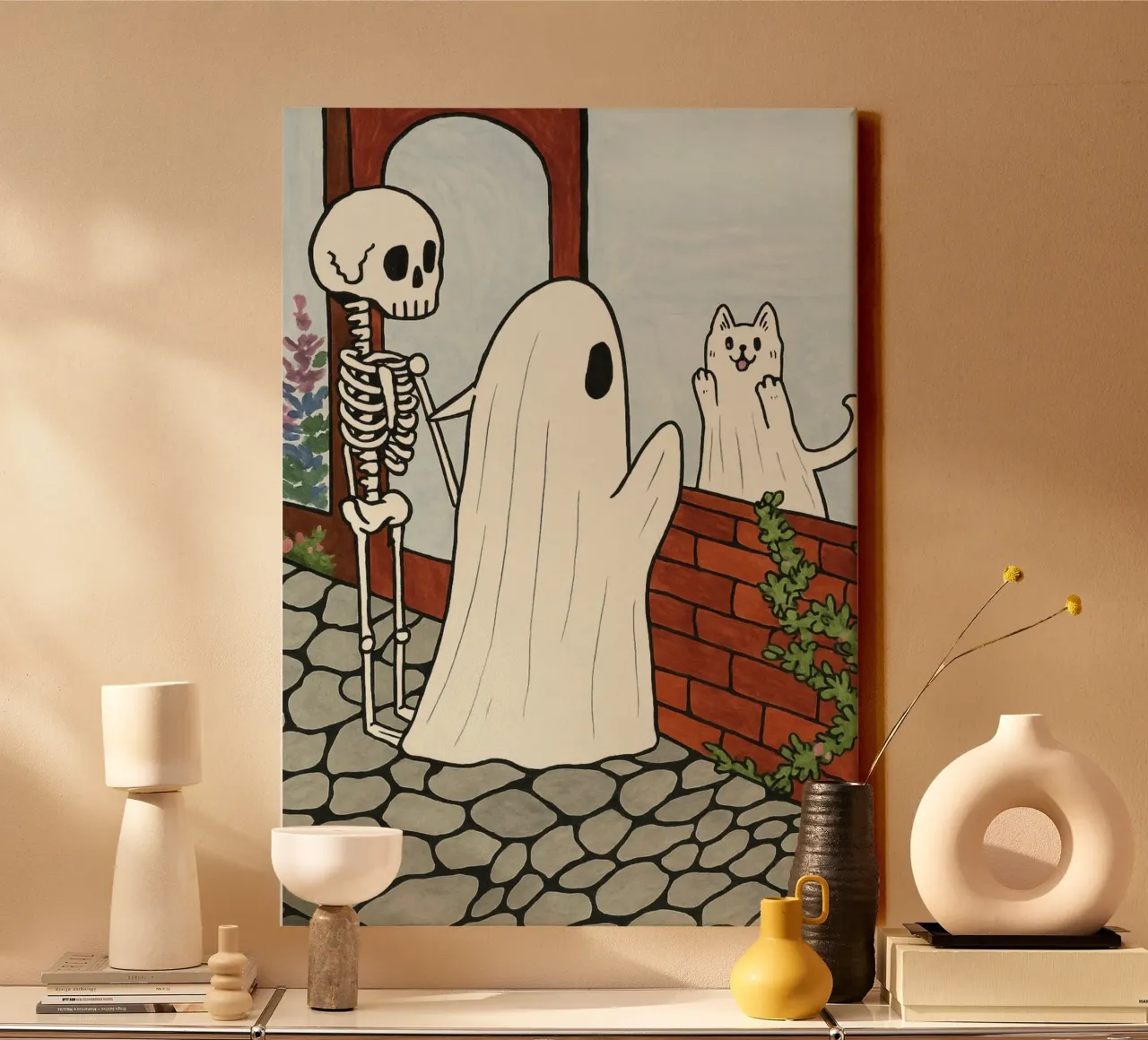 Cute Ghost, Skeleton & Cat - Spooky Art Print canvas with Floater frame by vintagepod