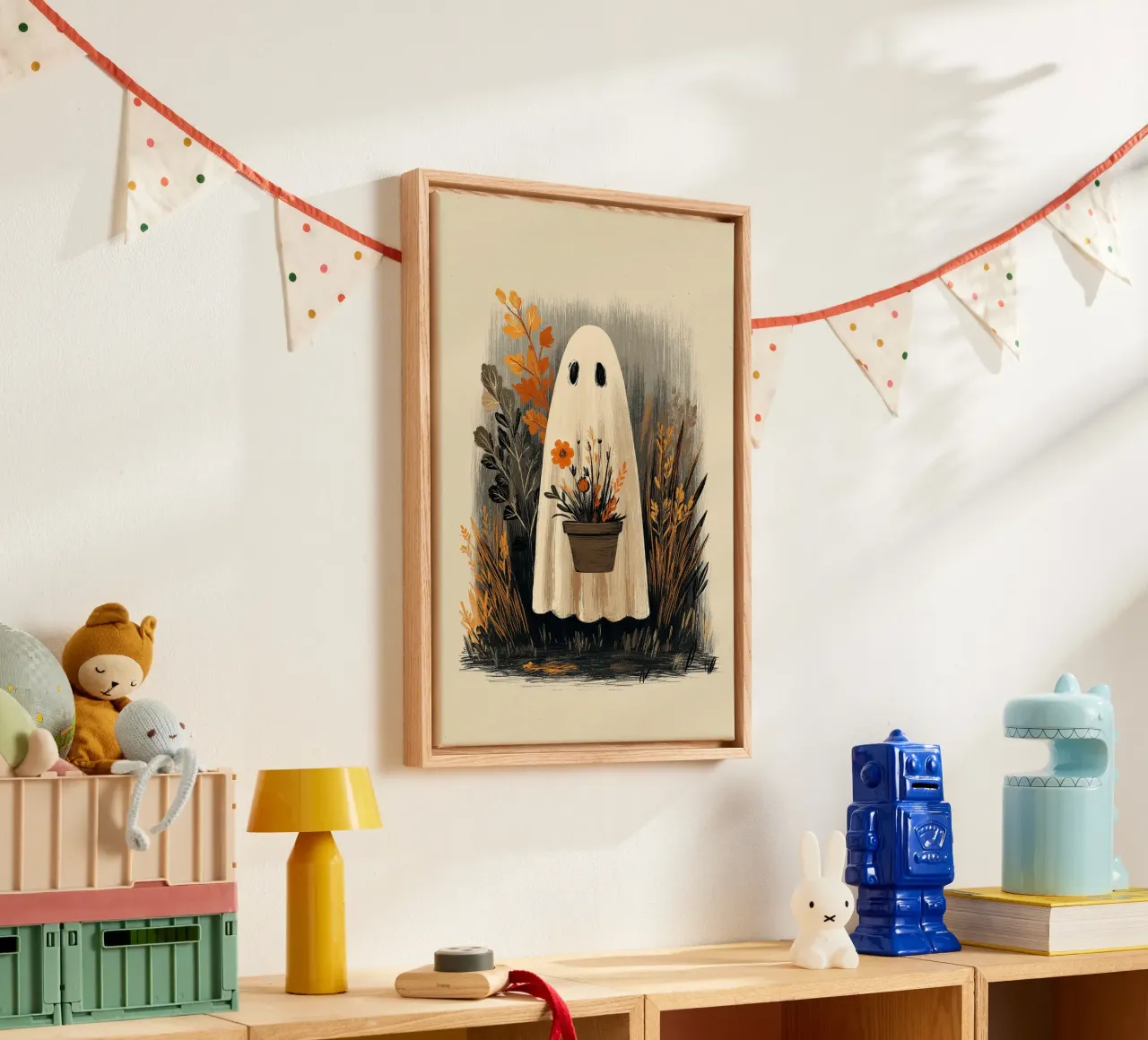 Un simpatico fantasma con una pianta - Accogliente arte di Halloween tela con Cornice a cassetta da vintagepod