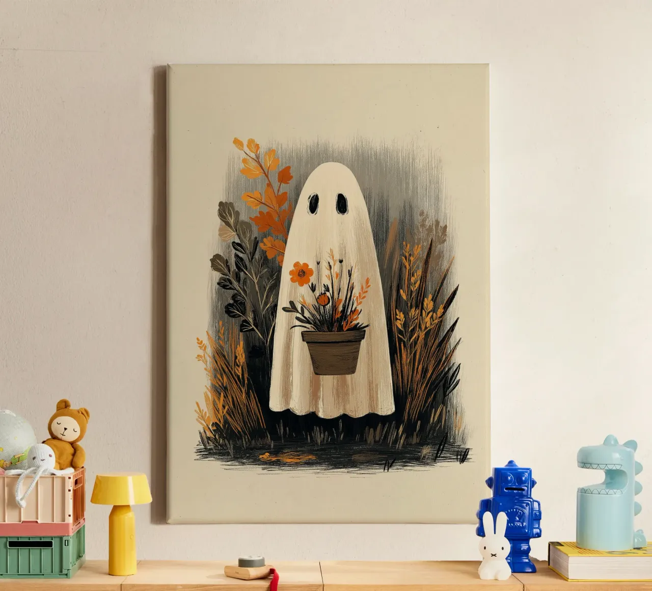 Un simpatico fantasma con una pianta - Accogliente arte di Halloween tela con Cornice a cassetta da vintagepod
