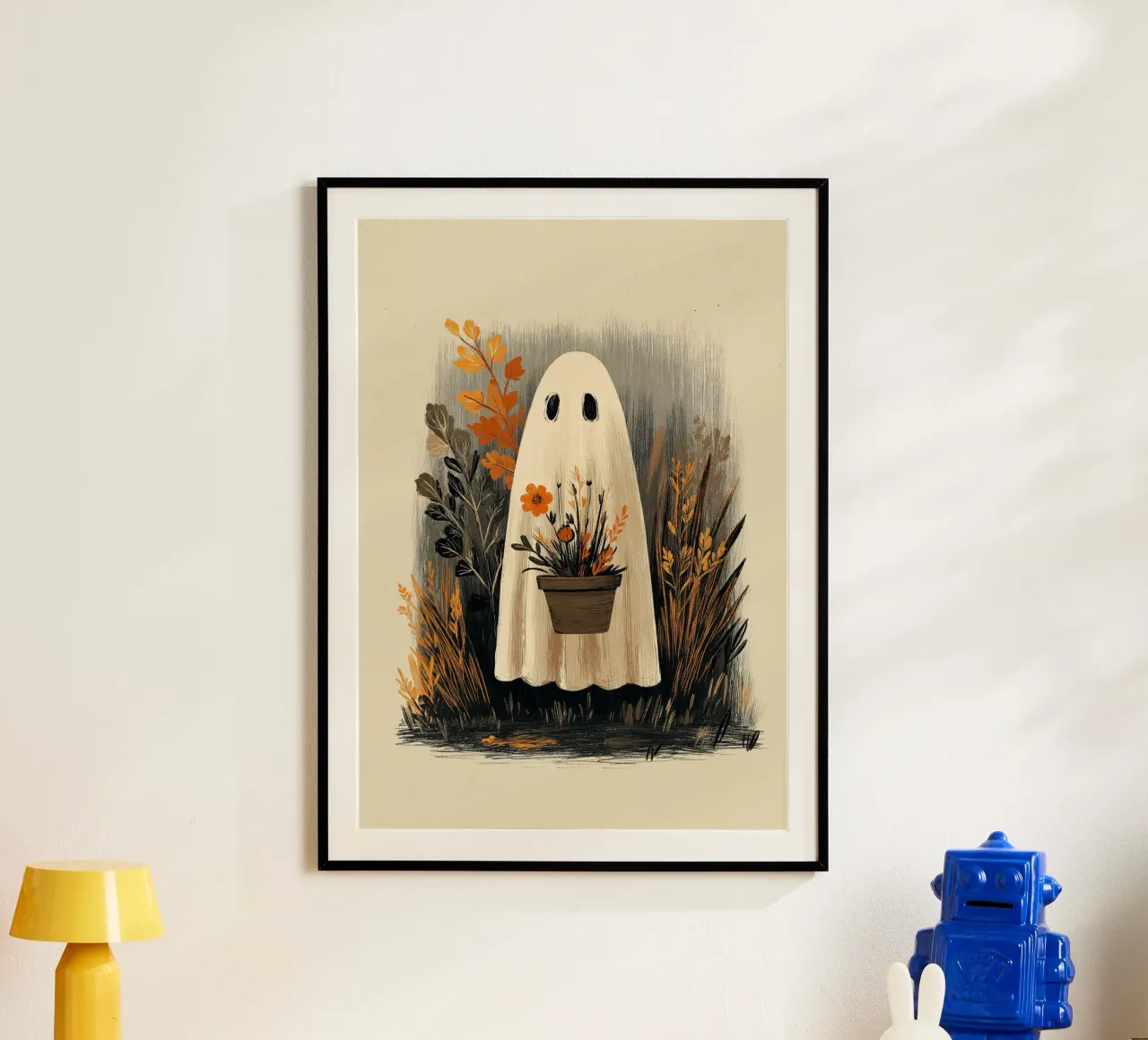 Un simpatico fantasma con una pianta - Accogliente arte di Halloween poster da vintagepod