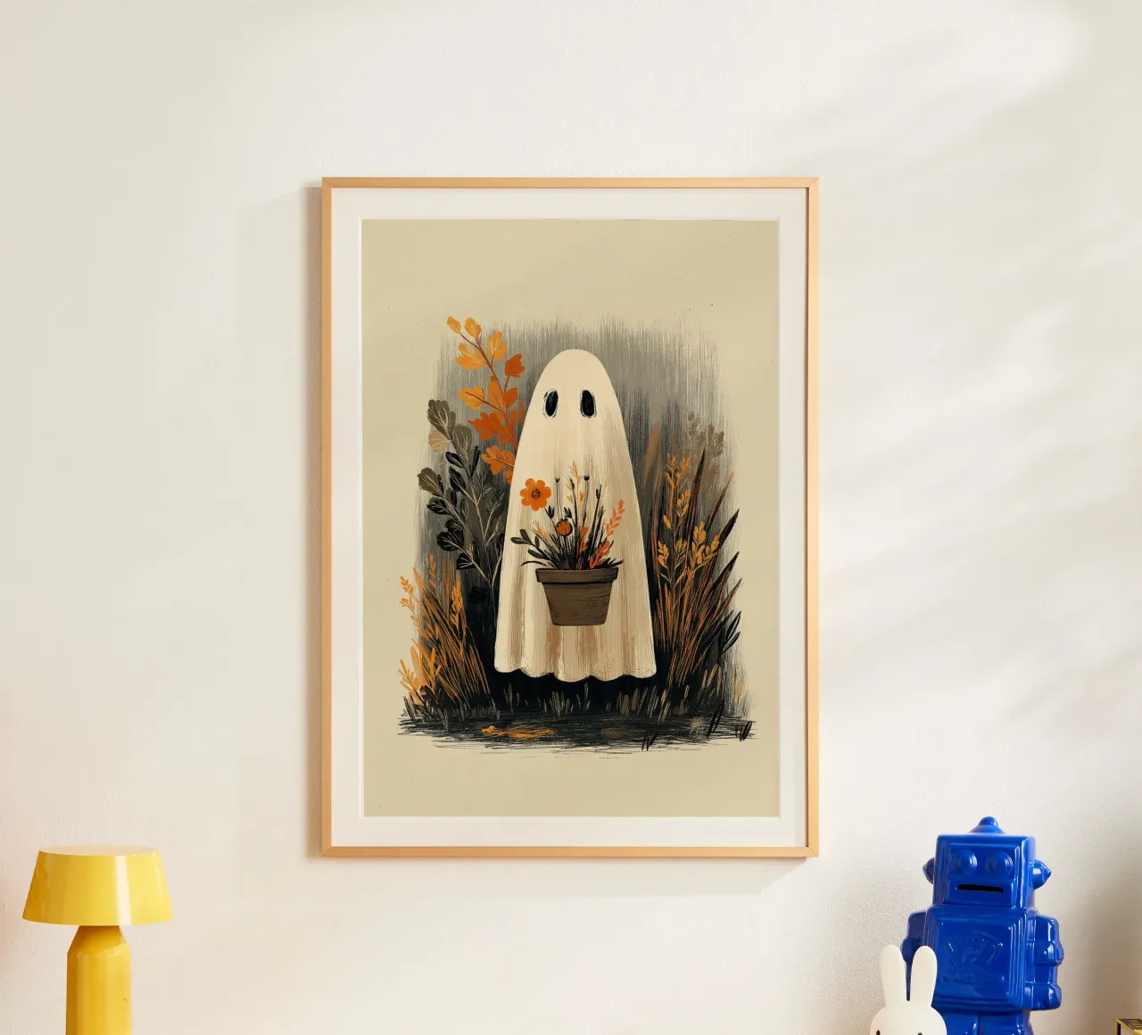 Un simpatico fantasma con una pianta - Accogliente arte di Halloween poster da vintagepod