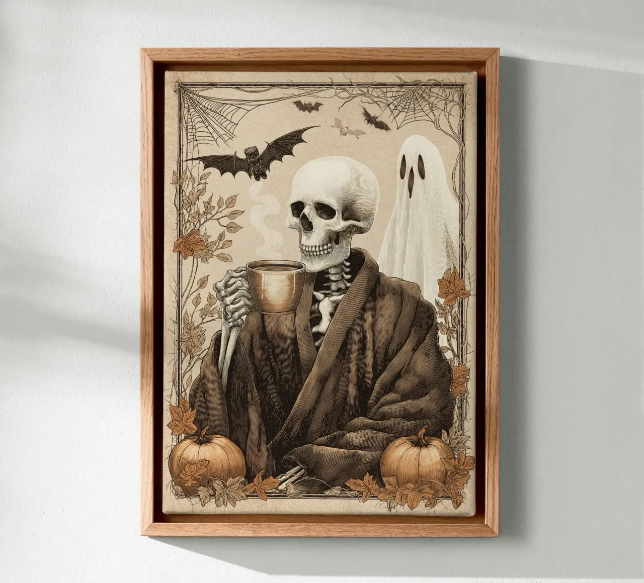 Skeleton Drinking Coffee - Vintage Halloween Print canvas with Floater frame by vintagepod