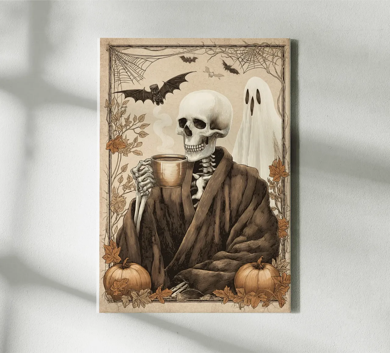 Skeleton Drinking Coffee - Vintage Halloween Print canvas with Floater frame by vintagepod