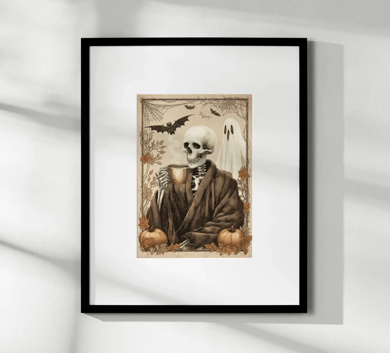 Scheletro che beve caffè - Stampa vintage di Halloween poster con telaio in legno da vintagepod