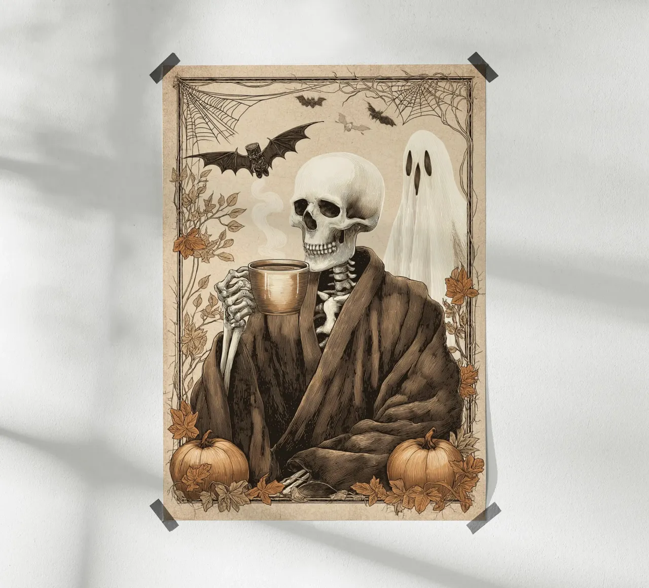 Scheletro che beve caffè - Stampa vintage di Halloween poster con telaio in legno da vintagepod