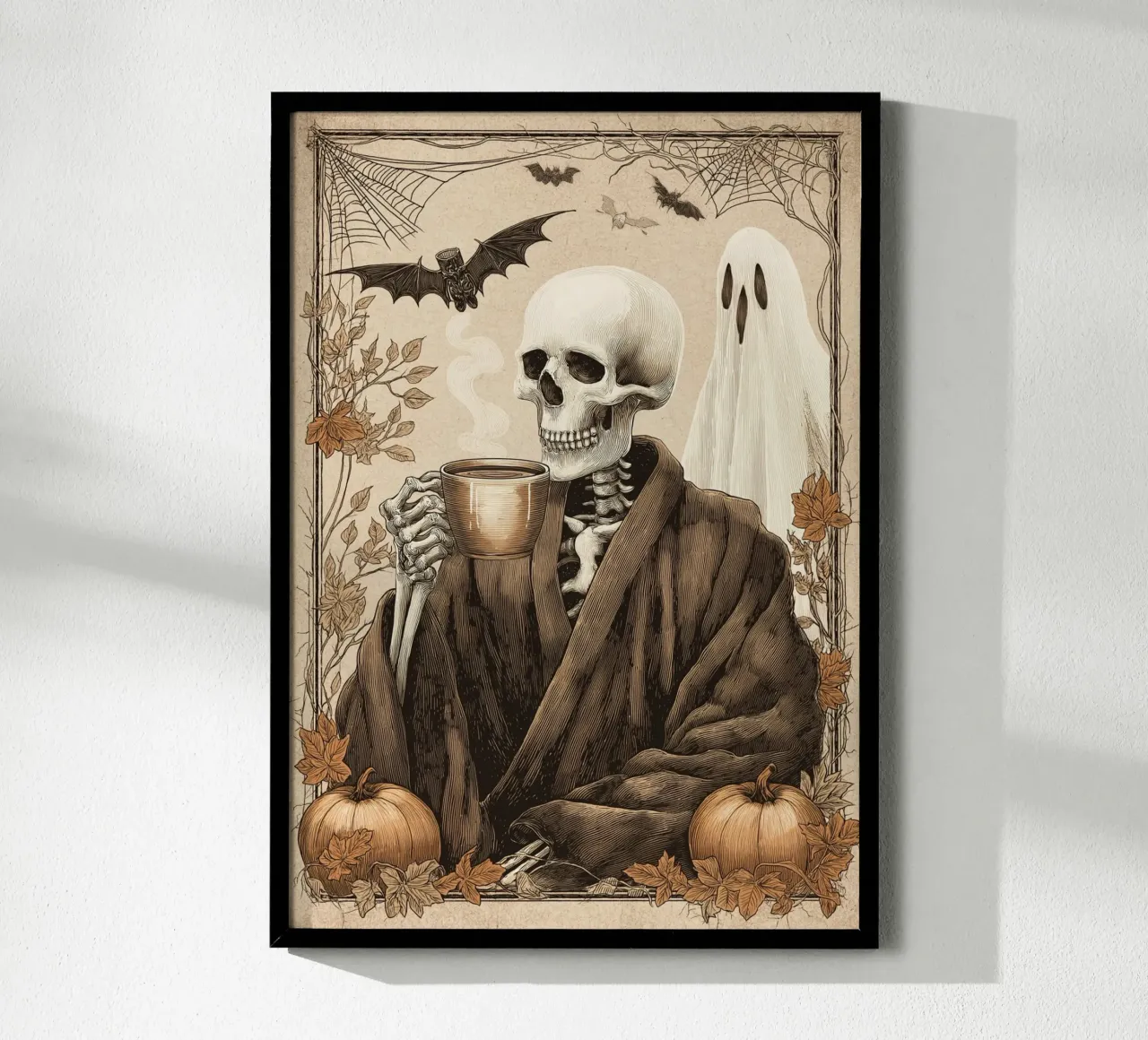 Scheletro che beve caffè - Stampa vintage di Halloween poster con telaio in legno da vintagepod