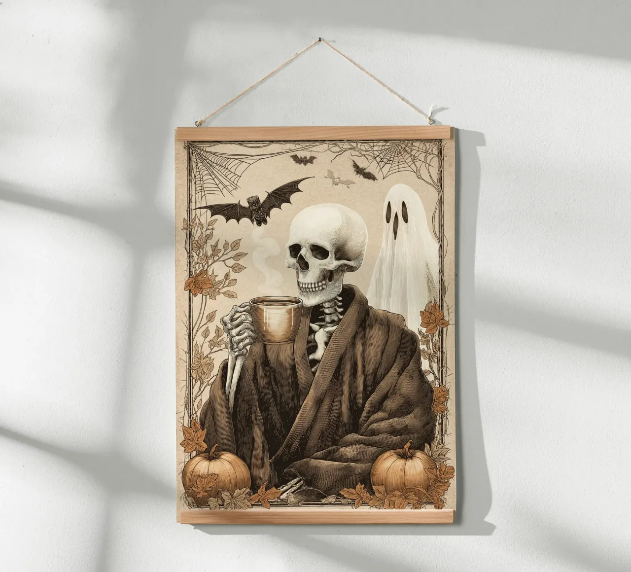 Scheletro che beve caffè - Stampa vintage di Halloween poster con telaio in legno da vintagepod