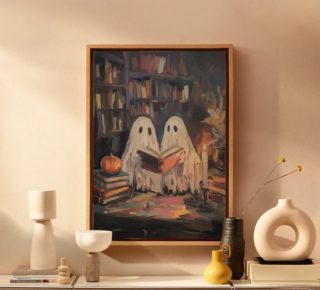 Cute Ghosts Reading - Dark Academia Halloween Art canvas with Floater frame by vintagepod