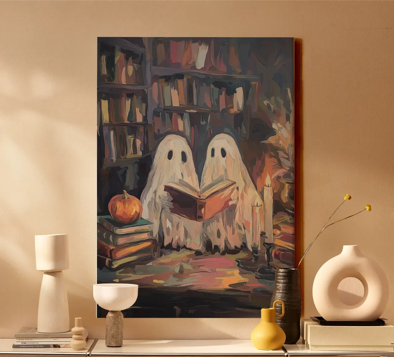 Cute Ghosts Reading - Dark Academia Halloween Art canvas with Floater frame by vintagepod