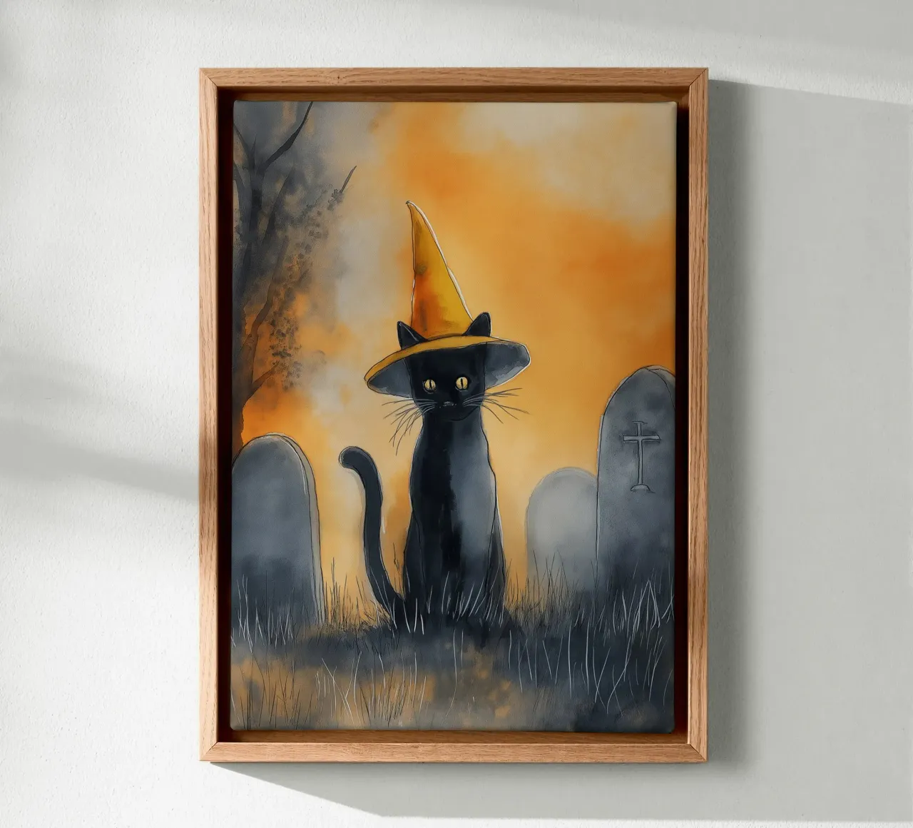 Schwarze Katze mit Hexenhut - Halloween Aquarell Leinwand mit Schattenfugenrahmen von vintagepod