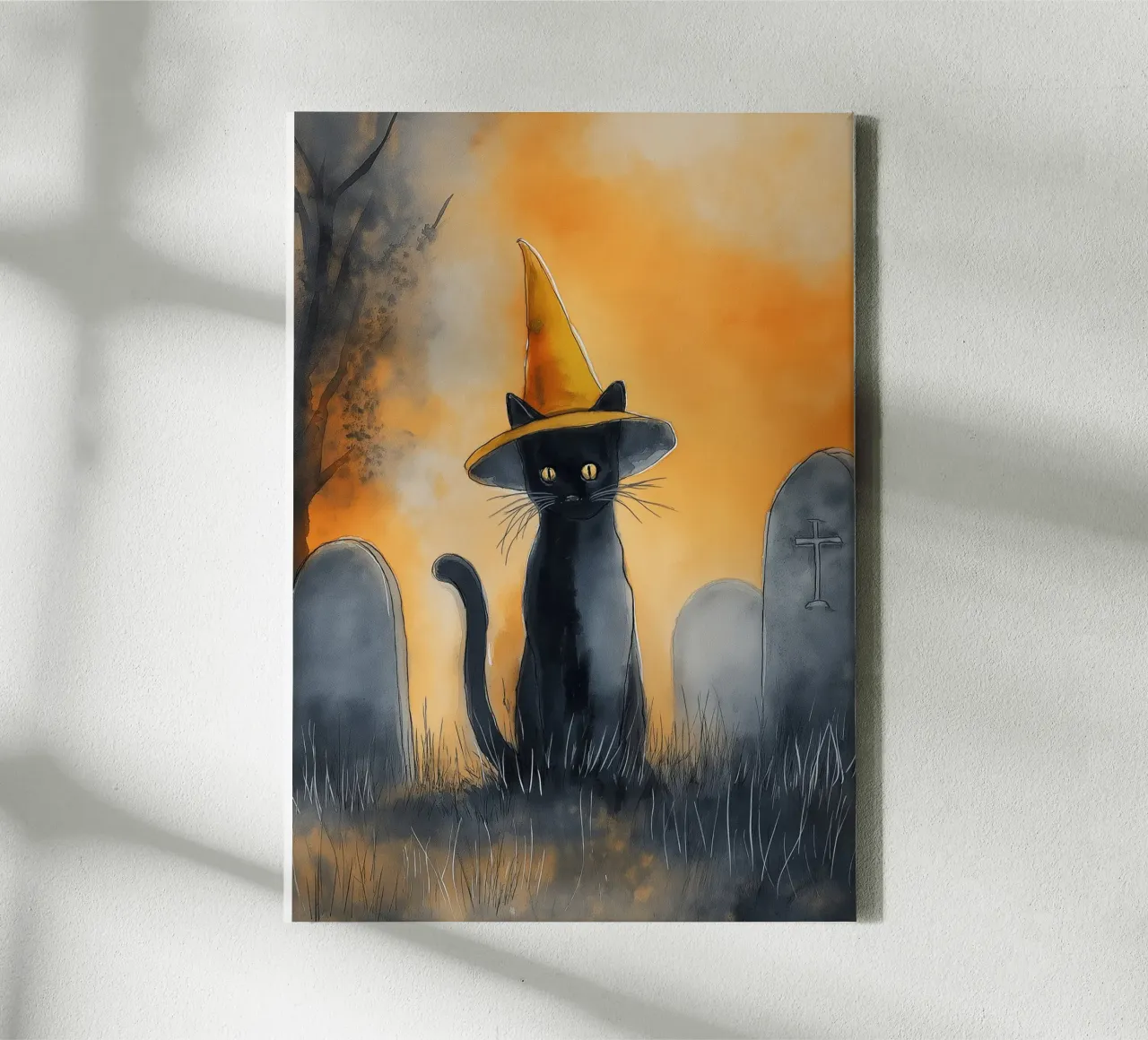 Schwarze Katze mit Hexenhut - Halloween Aquarell Leinwand mit Schattenfugenrahmen von vintagepod