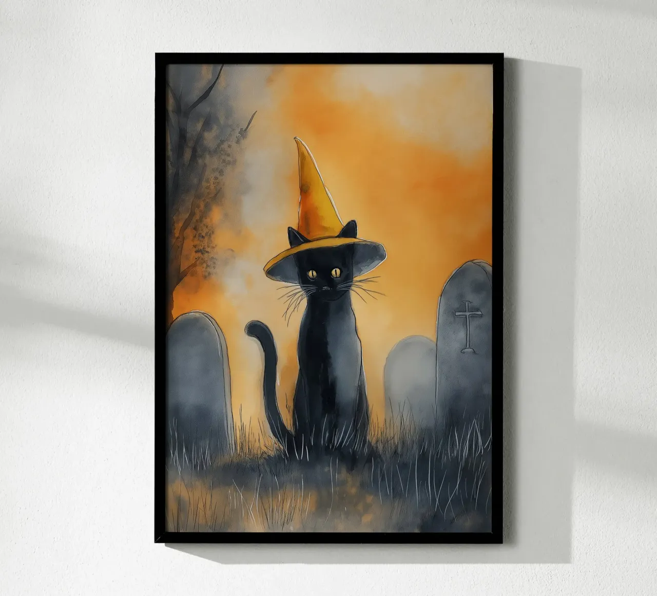 Gatto nero con cappello da strega - Acquerello di Halloween poster con telaio in legno da vintagepod
